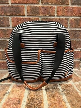 Black and white and faux leather diaper bag